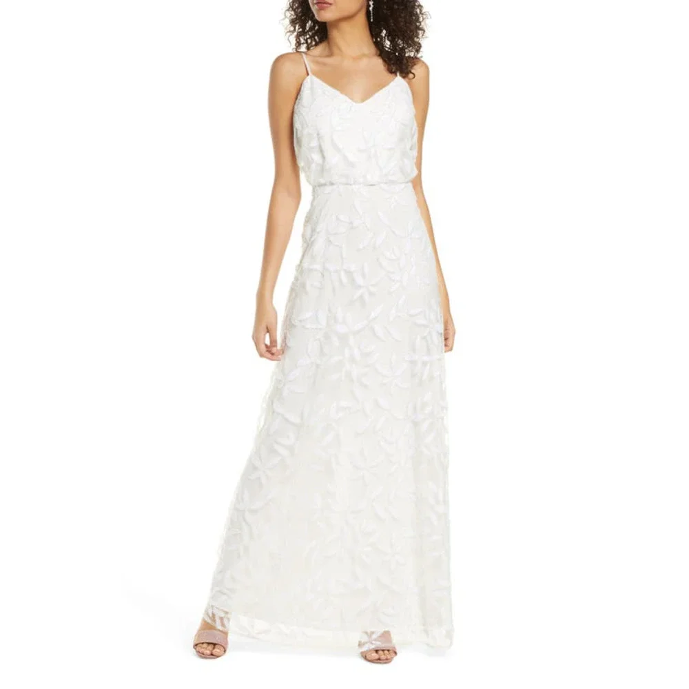 WAYF The Savannah Beaded Mesh Blouson Gown Petal Embroidery Ivory NWT